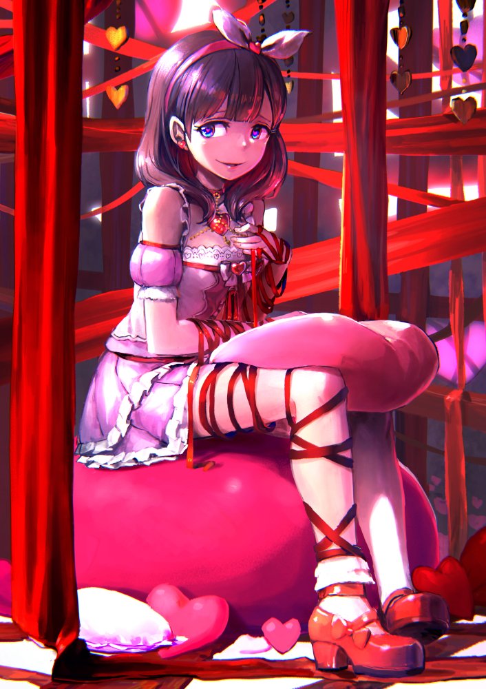 bare_shoulders blue_eyes bobby_socks bow brooch brown_hair choker commentary_request cushion detached_sleeves earrings frilled_skirt frills full_body hairband hand_on_own_chest heart heart-shaped_pupils heart_earrings heart_pillow high_heels holysnow idolmaster idolmaster_cinderella_girls jewelry leg_ribbon long_ribbon parted_lips pillow pink_hairband puffy_detached_sleeves puffy_sleeves red_bow red_footwear red_ribbon ribbon sakuma_mayu sitting skirt smile socks solo symbol-shaped_pupils
