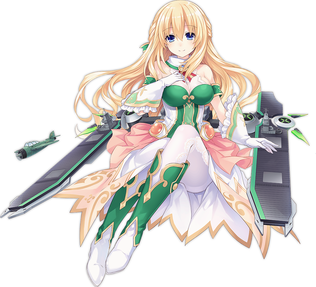 aircraft airplane azur_lane bangs bare_shoulders blonde_hair blue_eyes blush boots breasts cleavage closed_mouth diamond_(shape) dot_nose dress eyebrows eyebrows_visible_through_hair flight_deck frilled_gloves frills full_body gem gloves hair_between_eyes hand_on_own_chest large_breasts long_hair looking_at_viewer machinery multicolored multicolored_clothes multicolored_dress multicolored_footwear neptune_(series) official_art pantyhose red_ribbon ribbon sidelocks sitting smile solo striped striped_ribbon tachi-e transparent_background tsunako vert white_gloves white_legwear