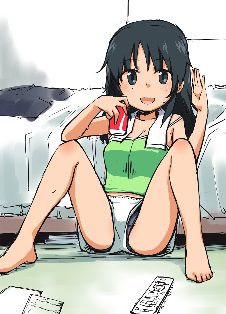 1girl :d barefoot black_hair camisole casual character_request coca-cola feet female hamahara_yoshio indoors long_hair open_mouth panties short_shorts shorts sitting soda solo toes towel_around_neck upshorts