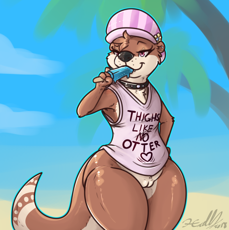 berry_ranieri bottomless clothed clothing collar dessert female flat_chested food hat ice_cream looking_at_viewer mammal mustelid otter popsicle pussy red_eyes semi-anthro solo thick_thighs xilrayne