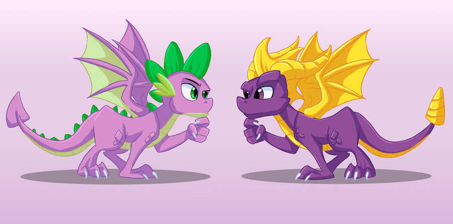 2018 claws crossover digital_media_(artwork) dragon duo feral friendship_is_magic green_eyes horn male membranous_wings my_little_pony purple_eyes scalie simple_background sonicpegasus spade_tail spike_(mlp) spines spyro spyro_the_dragon video_games western_dragon wings