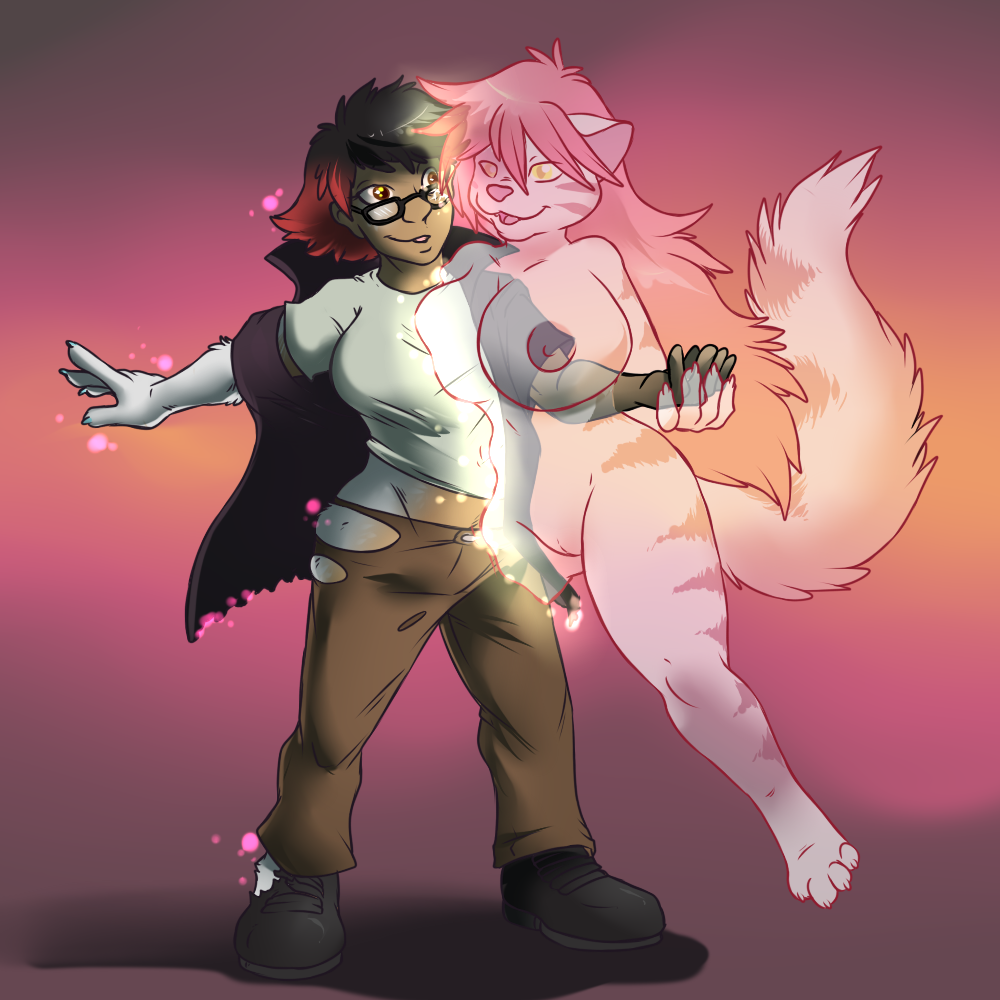 2014 aggrobadger animal_humanoid anthro big_breasts blush breasts cat cat_humanoid clothing comic deiser duo eyewear feline female footwear gender_transformation glasses hair huge_breasts human_to_anthro humanoid mammal merging mtf_transformation nipples nude pants possession pussy red_hair shirt shoes simple_background smile spirit torn_clothing transformation wide_hips yellow_eyes