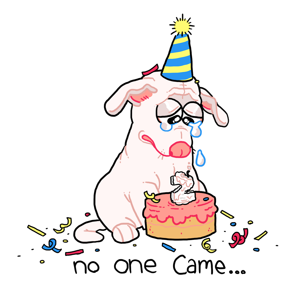 2018 ambiguous_gender birthday_cake black_eyes cake candle canine clothed clothed_feral clothing confetti crying digital_drawing_(artwork) digital_media_(artwork) dog english_text feral food frown full-length_portrait gogarty hat looking_down mammal mostly_nude naked_hat party_hat pink_nose portrait quadruped sad simple_background sitting snout solo tears text toony whiskers white_background