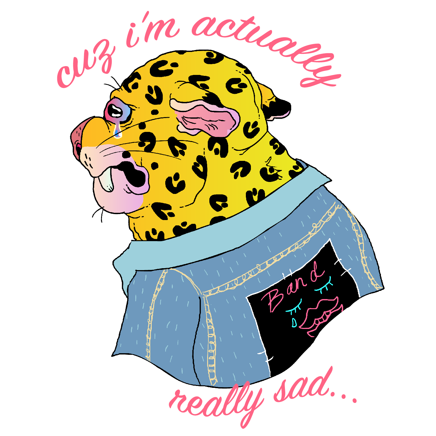 2018 ambiguous_gender anthro black_body black_spots blue_eyes bust_portrait clothed clothing countershade_face countershading crying denim denim_jacket digital_drawing_(artwork) digital_media_(artwork) ears_back english_text fangs feline frown gogarty gradient_eyes hi_res jacket jaguar jean_jacket mammal multicolored_body pink_eyes pink_nose portrait rosettes sad side_view simple_background snout solo spots spotted_body tears text toony two_tone_eyes whiskers white_background white_body white_countershading yellow_body