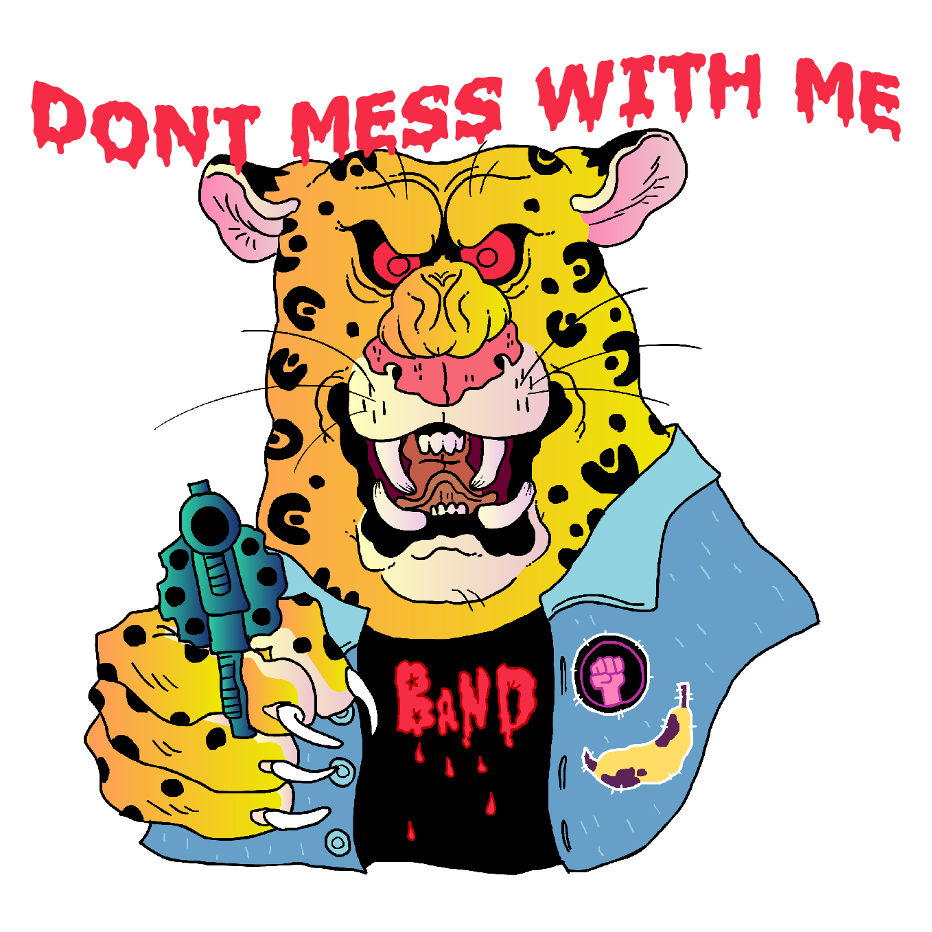 2018 4_fingers ambiguous_gender angry anthro badge black_body black_sclera black_spots bust_portrait claws clothed clothing countershade_face countershading denim denim_jacket digital_drawing_(artwork) digital_media_(artwork) english_text fangs feline front_view gogarty gun handgun hi_res holding_object holding_weapon humanoid_hands jacket jaguar jean_jacket looking_at_viewer mammal multicolored_body open_mouth pink_nose pistol portrait ranged_weapon red_eyes roaring rosettes shirt simple_background snout solo spots spotted_body text threat toony weapon whiskers white_background white_body white_claws white_countershading yellow_body