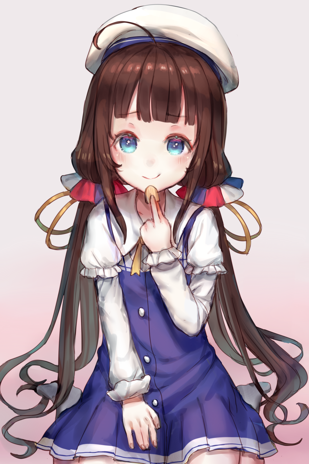 aloniar bangs blue_eyes frills hat highres hinatsuru_ai long_hair long_sleeves looking_at_viewer ryuuou_no_oshigoto! school_uniform sitting smile twintails