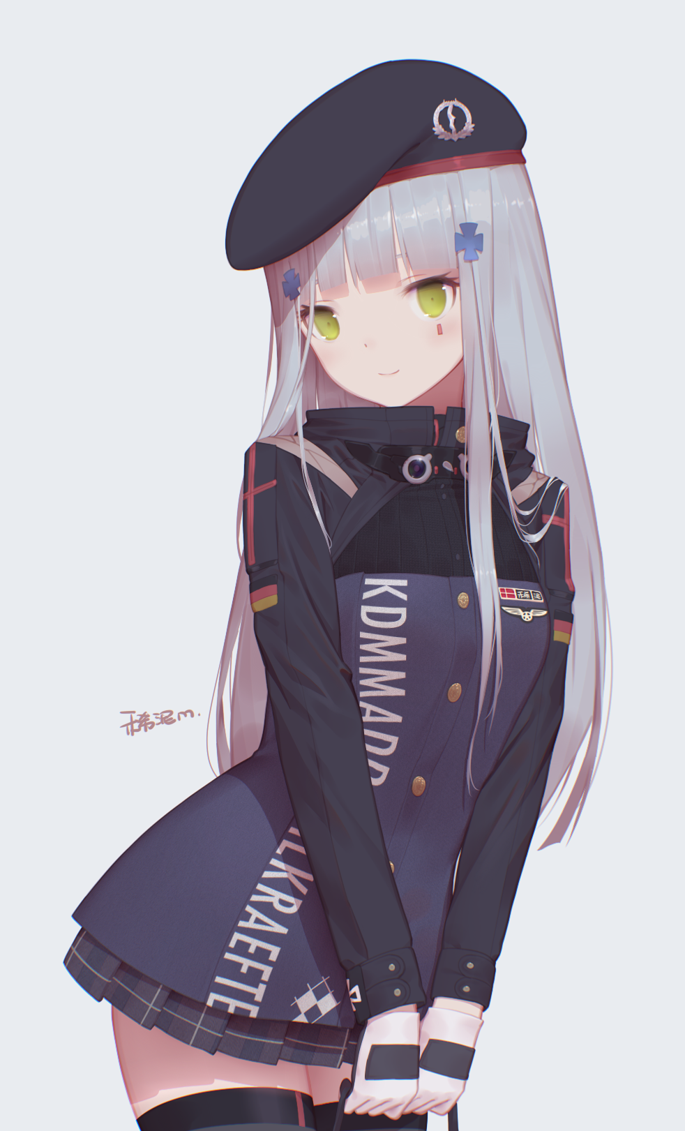 artist_name bangs beret black_hat black_legwear breasts buttons contrapposto cowboy_shot facial_mark german_flag girls_frontline gloves green_eyes grey_background hair_ornament hat highres hk416_(girls_frontline) holding jacket long_hair long_sleeves looking_at_viewer maredoro medium_breasts pleated_skirt silver_hair simple_background skirt smile solo standing thighhighs thighs v_arms zettai_ryouiki