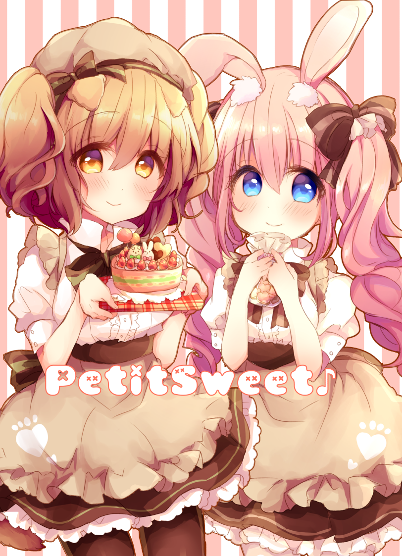 animal_ears apron bag black_legwear blue_eyes blush brown_apron brown_eyes brown_hair brown_skirt bunny_ears cake center_frills closed_mouth collared_shirt commentary_request cookie dog_ears food frilled_apron frills haru_ichigo heart holding holding_bag long_hair looking_at_viewer multiple_girls original pantyhose pink_hair puffy_short_sleeves puffy_sleeves shirt short_sleeves skirt smile striped striped_background twintails vertical-striped_background vertical_stripes very_long_hair white_shirt