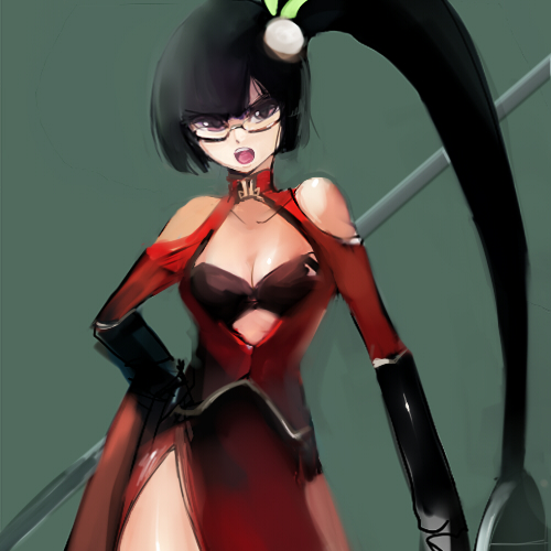 1girl bare_shoulders black_hair blazblue breasts byte_(grunty-hag1) china_dress chinese_clothes cleavage cleavage_cutout female glasses hair_ornament hand_on_hips litchi_faye_ling open_mouth ponytail side_ponytail solo very_long_hair