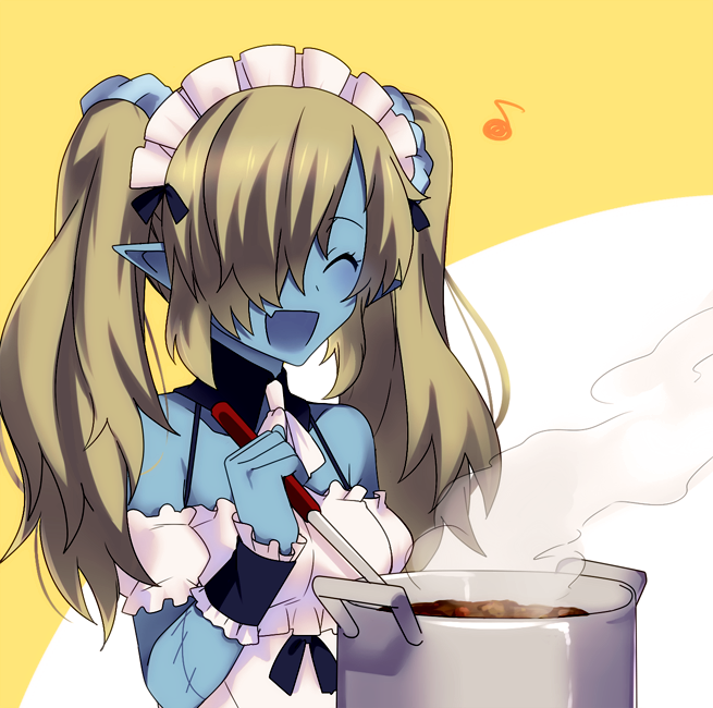 1girl blue_skin disgaea fang hair_over_one_eye maid maid_(disgaea) maid_apron maid_headdress makai_senki_disgaea_5 pointy_ears smile solo stitches twintails zombie