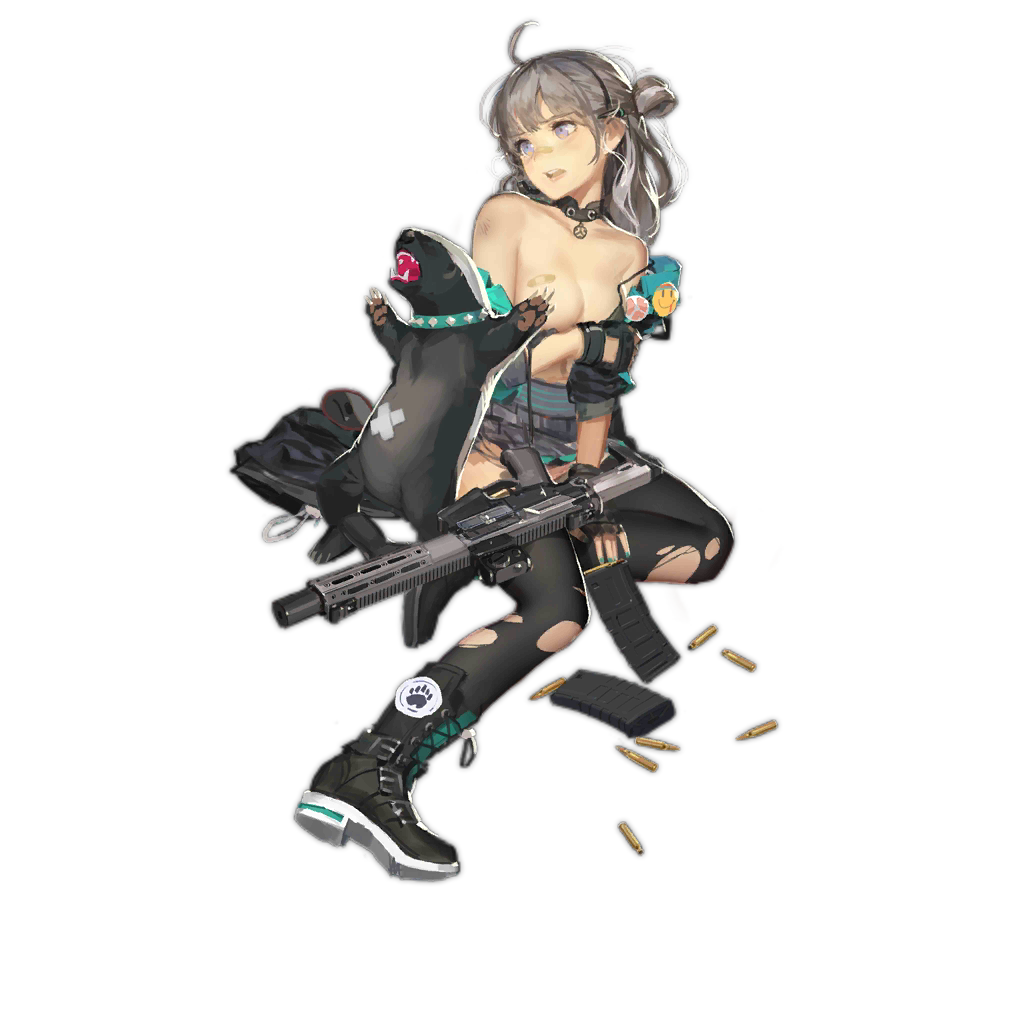 animal bandages bikini_top_removed breasts choker cleavage covering covering_breasts fingerless_gloves full_body girls_frontline gloves grey_eyes grey_hair gun hjl honey_badger honey_badger_(girls_frontline) honey_badger_(gun) jacket long_hair looking_to_the_side nail_polish official_art pleated_skirt rifle skirt thighhighs transparent_background weapon