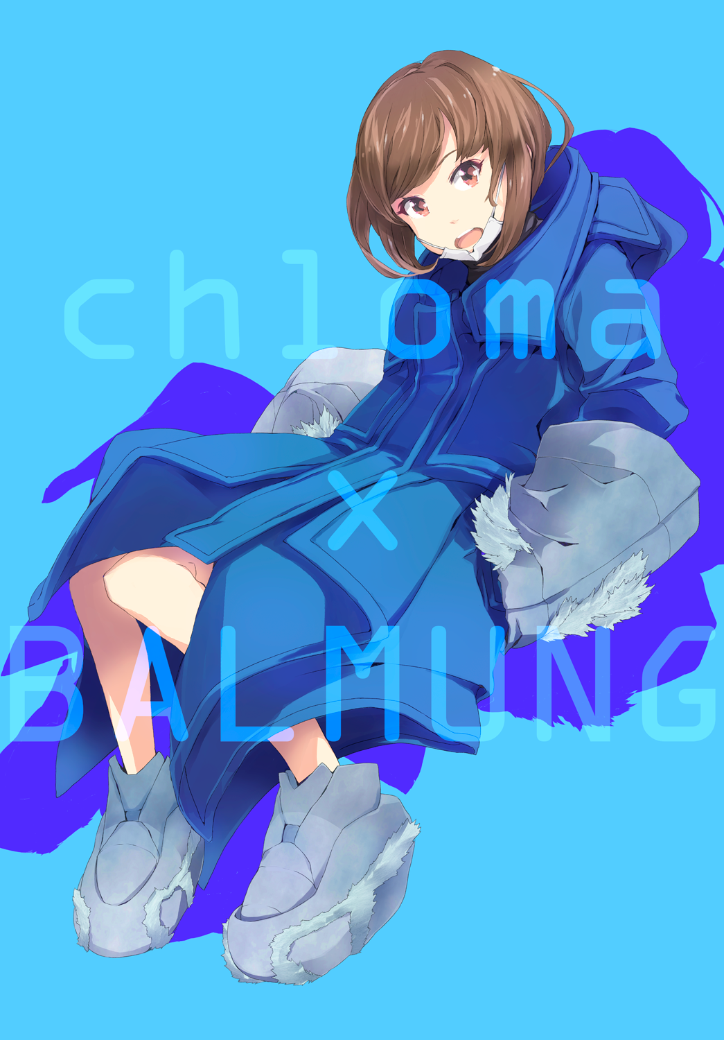 bangs blue blue_coat blue_eyes brown_eyes brown_hair character_request chloma commentary drop_shadow fashion gloves grey_footwear grey_gloves hands_in_pockets highres large_shoes long_sleeves looking_at_viewer open_mouth oversized_gloves shoes short_hair solo surgical_mask swept_bangs upper_teeth yoshito