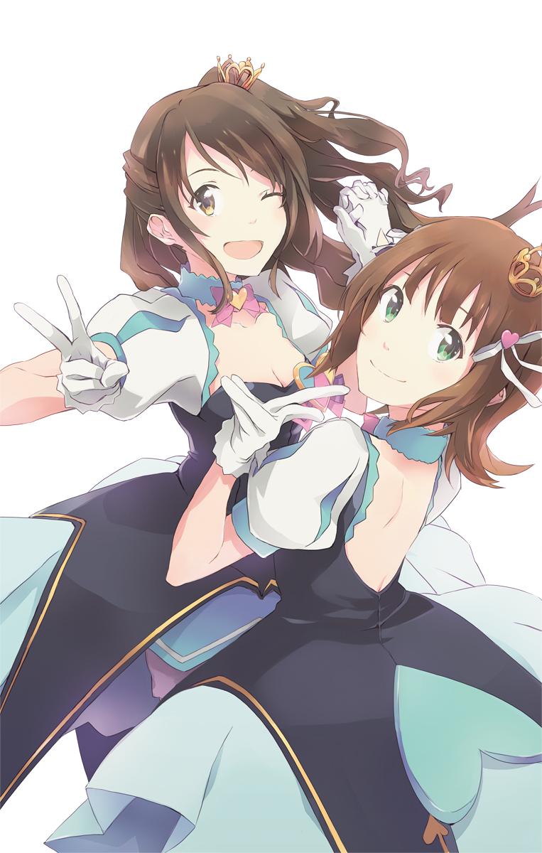 ;d amami_haruka backless_dress backless_outfit bangs blue_choker bow bowtie breasts brown_eyes brown_hair choker cleavage commentary_request crown dress gloves green_eyes hair_ribbon half_updo heart highres holding_hands idolmaster idolmaster_(classic) idolmaster_cinderella_girls long_hair looking_at_viewer looking_back medium_hair multiple_girls one_eye_closed one_side_up open_mouth pink_neckwear ribbon shimamura_uzuki short_sleeves simple_background smile star!! v white_background white_gloves white_ribbon yoshito