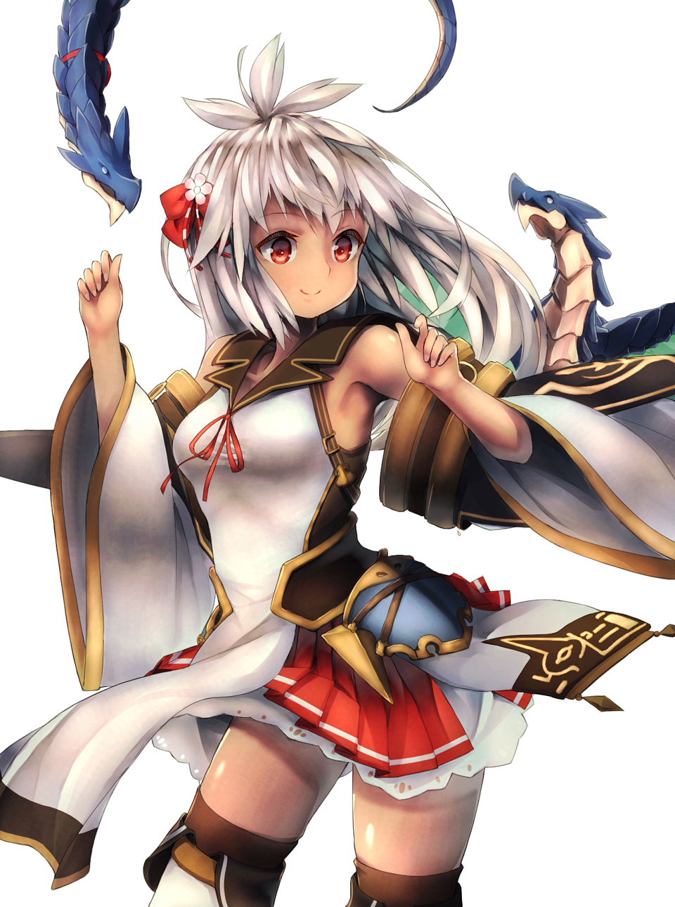 ahoge alternate_costume breasts commentary_request dark_skin detached_sleeves dragon granblue_fantasy hair_ribbon highres long_hair looking_to_the_side mini_dragon pleated_skirt red_eyes ribbon sailor_collar silver_hair skirt small_breasts smile solo thighhighs unusablenameaaa zooey_(granblue_fantasy)