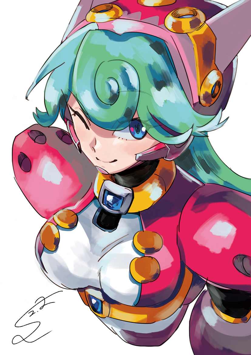 aqua_hair blue_eyes blush breasts capcom cropped_torso dated eyebrows_visible_through_hair eyes_visible_through_hair from_above headgear helmet long_hair marino one_eye_closed rockman rockman_x rockman_x_command_mission signature simple_background smile sumomo upper_body white_background