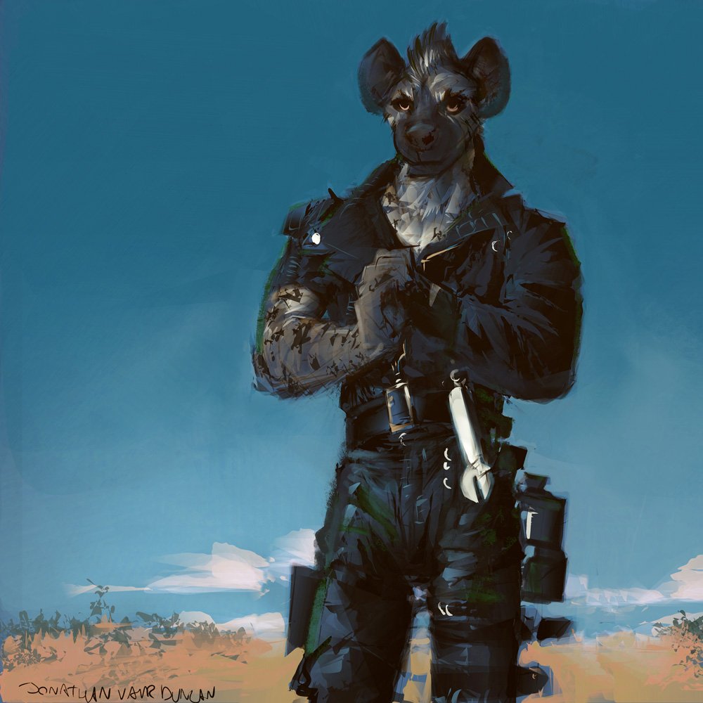 2018 anthro belt clothed clothing gun hyena leather mad_max male mammal mohawk outside post-apocalyptic ranged_weapon solo stigmata tools weapon wrench yellow_eyes