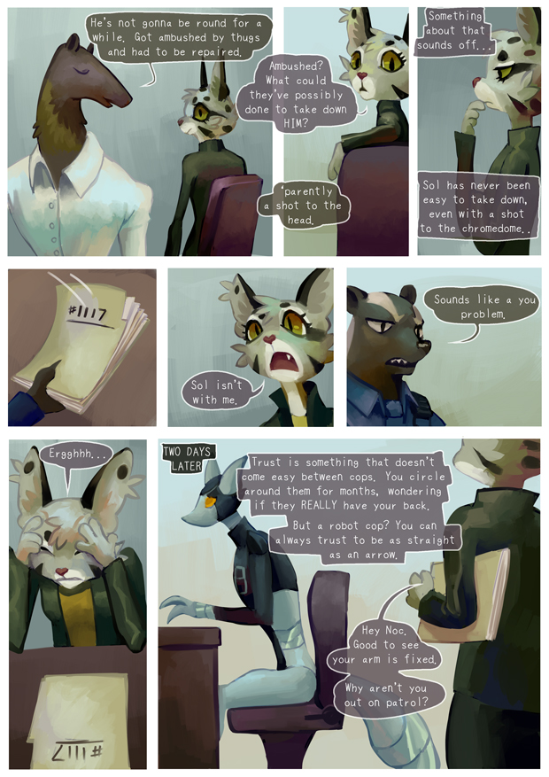 2019 4_fingers android anteater anthro badger black_fur black_nose black_spots breasts brown_fur claws clothed clothing clouded_leopard comic detailed_background dialogue digital_media_(artwork) duo english_text eyes_closed fangs felid female frown fur grey_fur grimart jacket jonesy_hoovus_(grimart) machine male mammal metallic_body multicolored_fur mustelid open_mouth pantherine paper pilosan pink_nose police police_officer police_uniform robot shirt sitting speech_bubble spots standing teeth text text_box two_tone_fur uniform white_fur xenarthran yellow_eyes