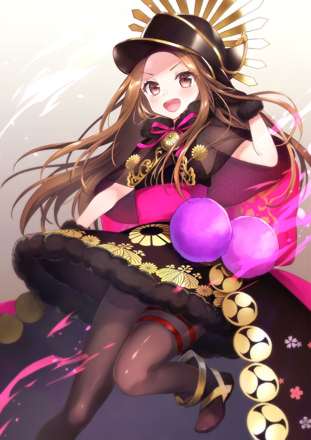 akariko blush bow brown_eyes brown_hair chacha_(fate/grand_order) commentary_request fate/grand_order fate_(series) gloves hat highres long_hair looking_at_viewer open_mouth pantyhose smile solo