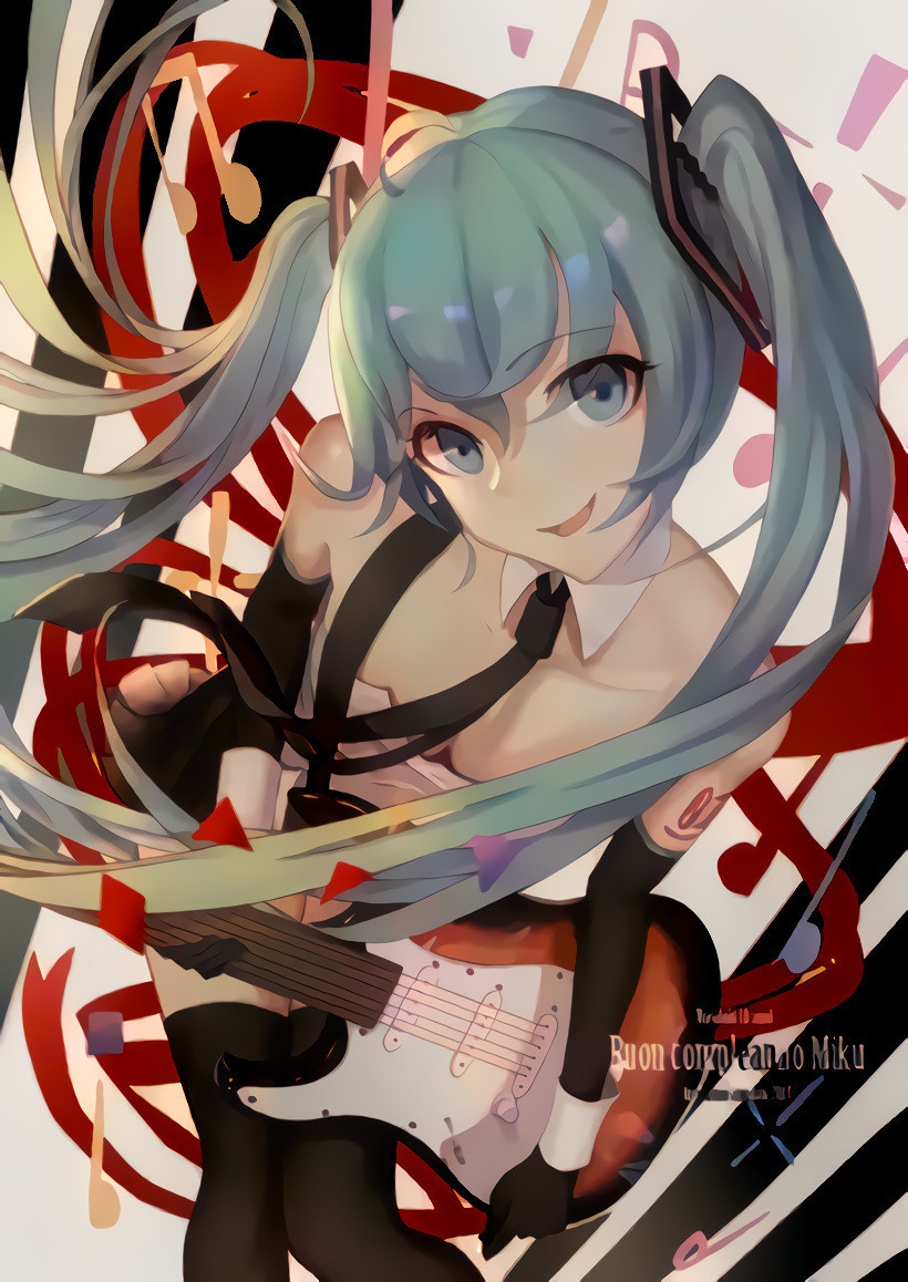 2017 aqua_eyes aqua_hair bare_shoulders black_gloves black_legwear black_neckwear breasts character_name cleavage collarbone copyright_name dated elbow_gloves electric_guitar eyebrows_visible_through_hair gloves guitar hatsune_miku instrument kamikakushi_no_ocarino leaning_forward looking_at_viewer medium_breasts musical_note necktie smile solo thighhighs twintails vocaloid white_background