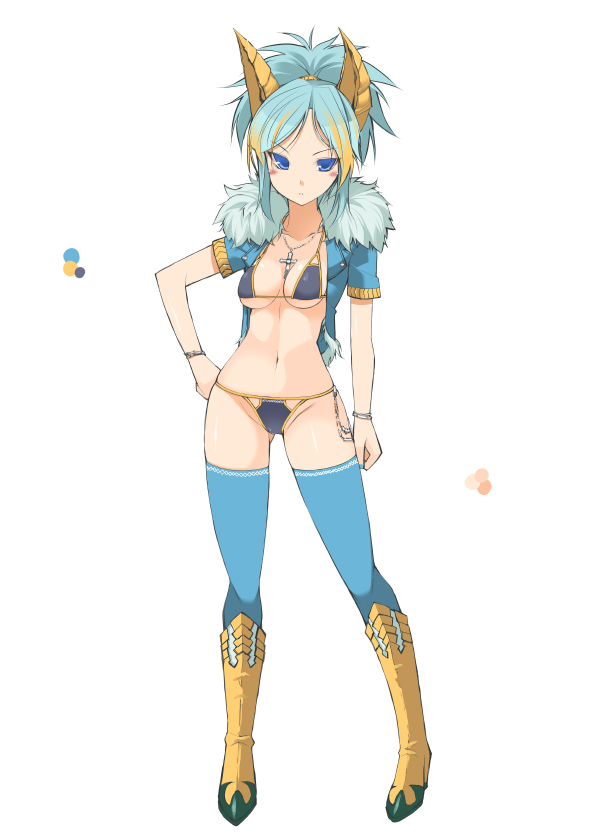 ass_visible_through_thighs bikini blue_bikini blue_eyes blue_hair blue_legwear blush boots breasts closed_mouth color_guide crop_top cross cross_necklace full_body fur_trim gold_trim hand_on_hip horns jacket jewelry latin_cross legs_apart looking_at_viewer medium_breasts monster_hunter necklace oota_yuuichi open_clothes open_jacket personification ponytail short_hair simple_background solo standing swimsuit thighhighs tsurime white_background yellow_footwear zinogre