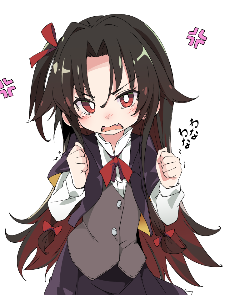 black_hair blush cape commentary fang hair_ribbon ixy long_hair long_sleeves red_eyes ribbon ryuuou_no_oshigoto! skirt tearing_up yashajin_ai