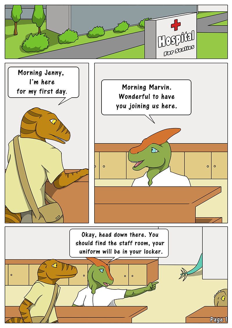 2015 5_fingers anthro biped border brown_skin brown_stripes cabinet clothed clothing comic desk dialogue digital_media_(artwork) dinosaur doorway duo english_text eye_contact female green_skin grey_bottomwear hospital inside looking_at_another male marvin_raptor nurse nx-3000 orange_skin parasaurolophus plant raptor road shirt shoulder_bag shrub speech_bubble standing striped_body stripes text theropod tree white_border white_topwear yellow_eyes