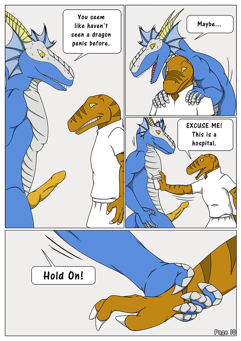 2016 3_fingers 5_fingers anthro anthro_on_anthro biped blue_skin blush border brown_skin brown_stripes clothed clothing comic crossdressing curved_horn dialogue digital_media_(artwork) dinosaur dirty_talk dragon duo ear_frills english_text erection frill glans hand_grab hand_on_shoulder horn hospital inside kaibo_coldwind knot larger_anthro larger_male looking_down male male/male marvin_raptor nude nurse nurse_uniform nx-3000 open_mouth penis precum raptor red_tongue ridged_horn scales scalie shove size_difference skirt smaller_anthro smaller_male smile speech_bubble standing striped_body stripes tapering_penis text theropod uniform western_dragon white_border white_bottomwear white_horn white_scales white_skin white_topwear yellow_eyes yellow_penis