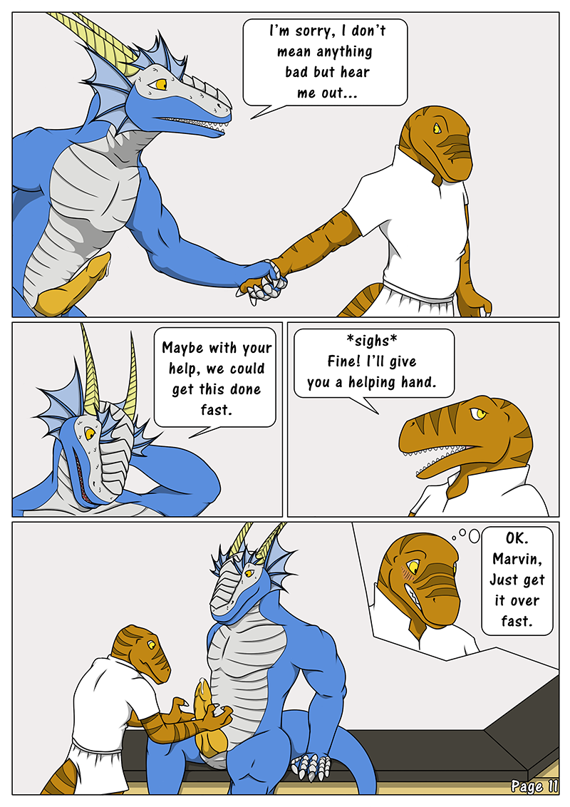 2016 3_fingers 5_fingers animal_genitalia anthro anthro_on_anthro biped blue_skin blush border brown_skin brown_stripes clenched_teeth clothed clothing comic crossdressing curved_horn dialogue digital_media_(artwork) dinosaur dragon duo ear_frills english_text erection eye_contact frill genital_slit glans hand_behind_head hand_grab horn hospital inside kaibo_coldwind knot larger_anthro larger_male looking_aside looking_at_another looking_at_partner looking_back male male/male marvin_raptor nude nurse nurse_uniform nx-3000 open_mouth penis precum raptor ridged_horn scales scalie sitting size_difference skirt slit smaller_anthro smaller_male smile speech_bubble standing striped_body stripes tapering_penis teeth text theropod thought_bubble uniform western_dragon white_border white_bottomwear white_horn white_scales white_skin white_topwear yellow_eyes yellow_penis