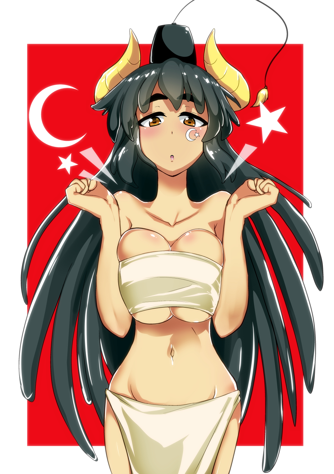 :o bandeau bangs black_hair black_hat blush breast_squeeze breasts brown_eyes collarbone crescent demon_horns facial_mark fez_hat hat highres horns large_breasts long_hair looking_down navel original ryuu_tou solo turkey turkey_(country) turkish_flag very_long_hair