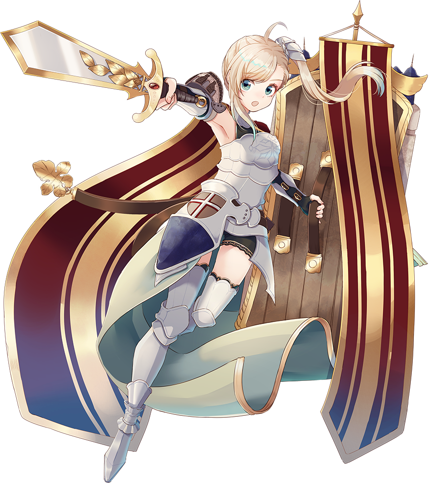 ahoge armor bangs bare_shoulders bike_shorts blonde_hair blue_eyes boots braid chateau_de_chinon_(oshiro_project) elbow_gloves fingerless_gloves full_body gloves hair_ornament holding holding_shield holding_sword holding_weapon looking_at_viewer natuki_miz oshiro_project oshiro_project_re shield side_ponytail solo swept_bangs sword thigh_boots thighhighs transparent_background weapon
