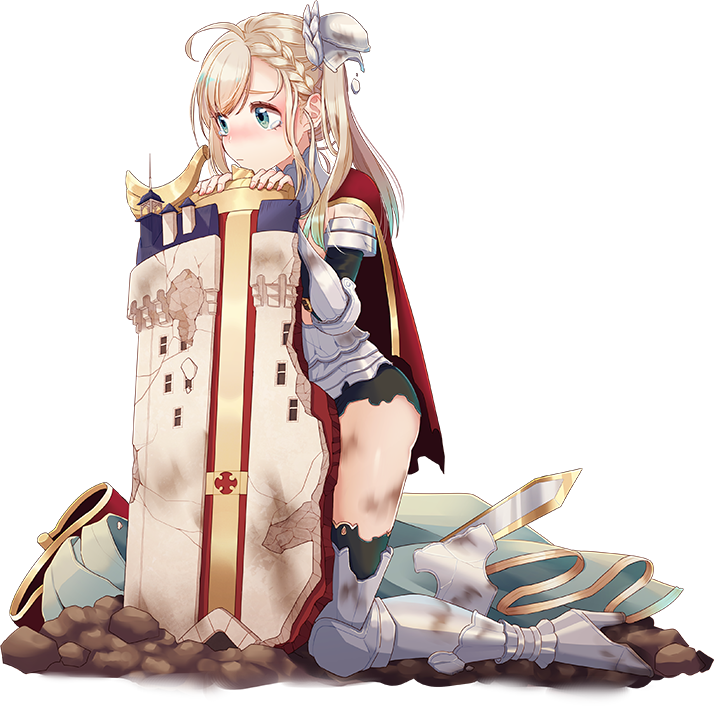 bangs blonde_hair blue_eyes blush chateau_de_chinon_(oshiro_project) elbow_gloves full_body gloves hair_ornament holding_shield looking_away natuki_miz oshiro_project oshiro_project_re shield side_ponytail sitting solo swept_bangs tearing_up torn_clothes transparent_background