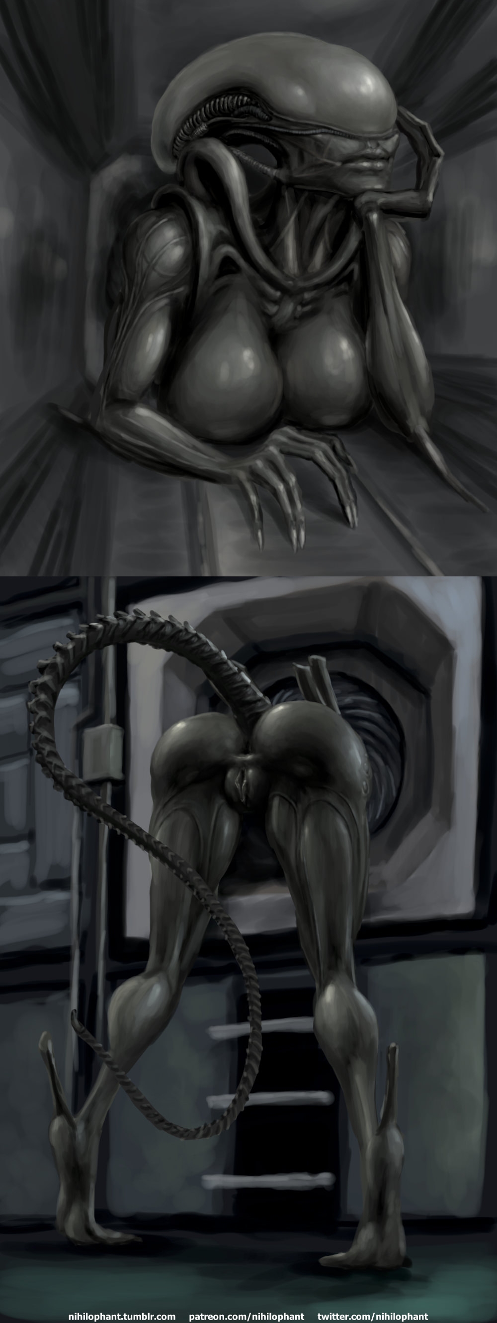 2018 alien alien_(franchise) alien_girl alternate_version_at_source annoyed anus awkward beast_(disambiguation) belly bent_over big_breasts big_butt big_feet black_skin black_tail black_tubes breasts butt claws dangerous digital_media_(artwork) eye_contact eyeless feet female foot_fetish hi_res humanoid lips looking_at_viewer monster muscular nails nihilophant not_furry nude presenting pussy soles solo space_station standing stuck text tubes vent wide_hips xeno xenomorph