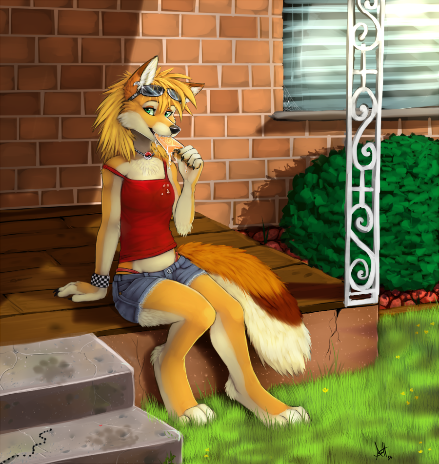 2013 anthro ash_fox_(skeleion) breasts canine clothing eating eyewear female food fox grass looking_at_viewer mammal outside panties popsicle sitting skeleion small_breasts solo sunglasses underwear