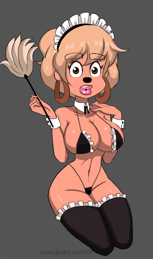 2017 anthro big_breasts bikini black_nose blonde_hair breasts canine choker cleavage clothed clothing disney ear_piercing eyebrows eyelashes feather_duster female fully_clothed goof_troop grey_background hair legwear lipstick lisa_(goof_troop) looking_at_viewer maid_headdress maid_uniform makeup mammal meegol navel piercing short_hair signature simple_background sitting skimpy stockings swimsuit thong uniform wristband