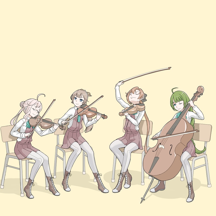 ahoge akigumo_(kantai_collection) ascot bangs black_bow blue_eyes blue_neckwear blunt_bangs boots bow bow_(instrument) brown_hair cello chair closed_eyes cross-laced_footwear green_hair grey_legwear hair_bow hair_bun instrument kantai_collection kazagumo_(kantai_collection) kito_3_tyoki-tyoki lace-up_boots long_hair long_sleeves looking_at_another makigumo_(kantai_collection) mole mole_under_mouth multiple_girls music one_eye_closed orange_background pantyhose pink_hair playing_instrument pleated_skirt ponytail school_uniform shirt sitting skirt smile smug string_quartet very_long_hair viola_(instrument) violin white_shirt yuugumo_(kantai_collection)