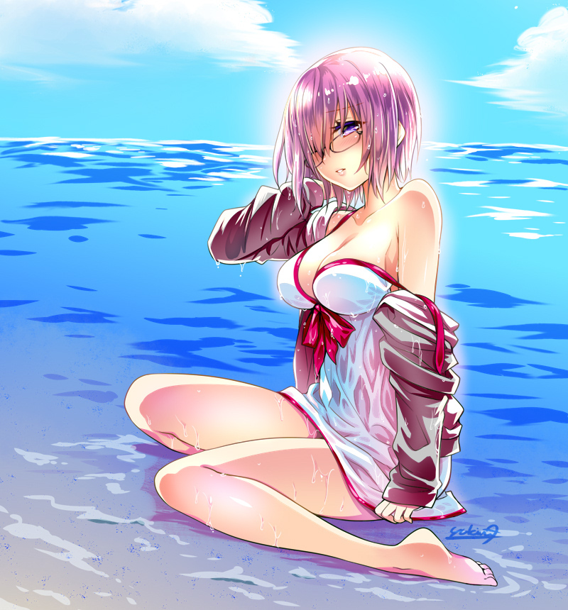 amagai_yukino artist_name backlighting bangs bare_shoulders barefoot black-framed_eyewear blush bow breasts cleavage cloud collarbone colored_eyelashes day dress dress_swimsuit eyebrows_visible_through_hair fate/grand_order fate_(series) from_side full_body glasses grey_jacket hair_over_one_eye hand_behind_head hand_up head_tilt hood hood_down horizon jacket lips long_sleeves looking_at_viewer mash_kyrielight medium_breasts off_shoulder on_ground open_clothes open_jacket parted_lips pink_bow purple_eyes purple_hair raised_eyebrows shiny shiny_hair short_dress short_hair sideways_glance signature sitting sky solo strap_slip sundress swimsuit swimsuit_of_perpetual_summer wariza water wet wet_clothes wet_hair white_dress