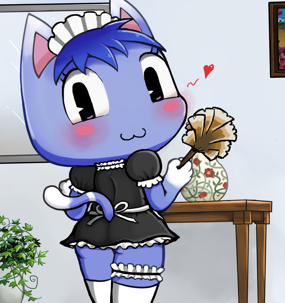 &lt;3 animal_crossing blue_fur blush butt clothed clothing cute feather_duster feline female fur looking_at_viewer looking_back maid_uniform mammal mirror mrmochi nintendo plant rosie_(animal_crossing) short_stack smile solo table uniform vase video_games