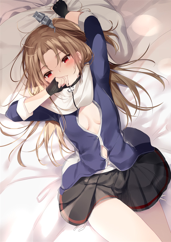 1girl arm_up azur_lane bangs bed_sheet black_gloves black_skirt blue_shirt blush breasts brown_hair capelet cleveland_(azur_lane) closed_mouth dress_shirt dutch_angle eyebrows_visible_through_hair fingerless_gloves gloves hair_between_eyes hand_up long_hair long_sleeves lying mafuyu_(chibi21) on_back panties parted_bangs pillow pillow_grab pleated_skirt red_eyes shirt side-tie_panties skirt small_breasts solo underwear very_long_hair white_capelet white_panties
