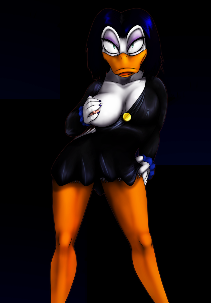 2015 anthro areola avian beak beauty_mark bedroom_eyes big_breasts bird black_background black_clothing black_dress black_hair breasts clothed clothing colored_nails disney dress duck ducktales eyelashes eyeshadow female hair half-closed_eyes hand_on_breast hand_on_hip looking_at_viewer magica_de_spell makeup mature_female moltsi nails nipple_bulge nipples one_breast_out open_mouth seductive short_dress simple_background solo standing straight_hair wide_stance