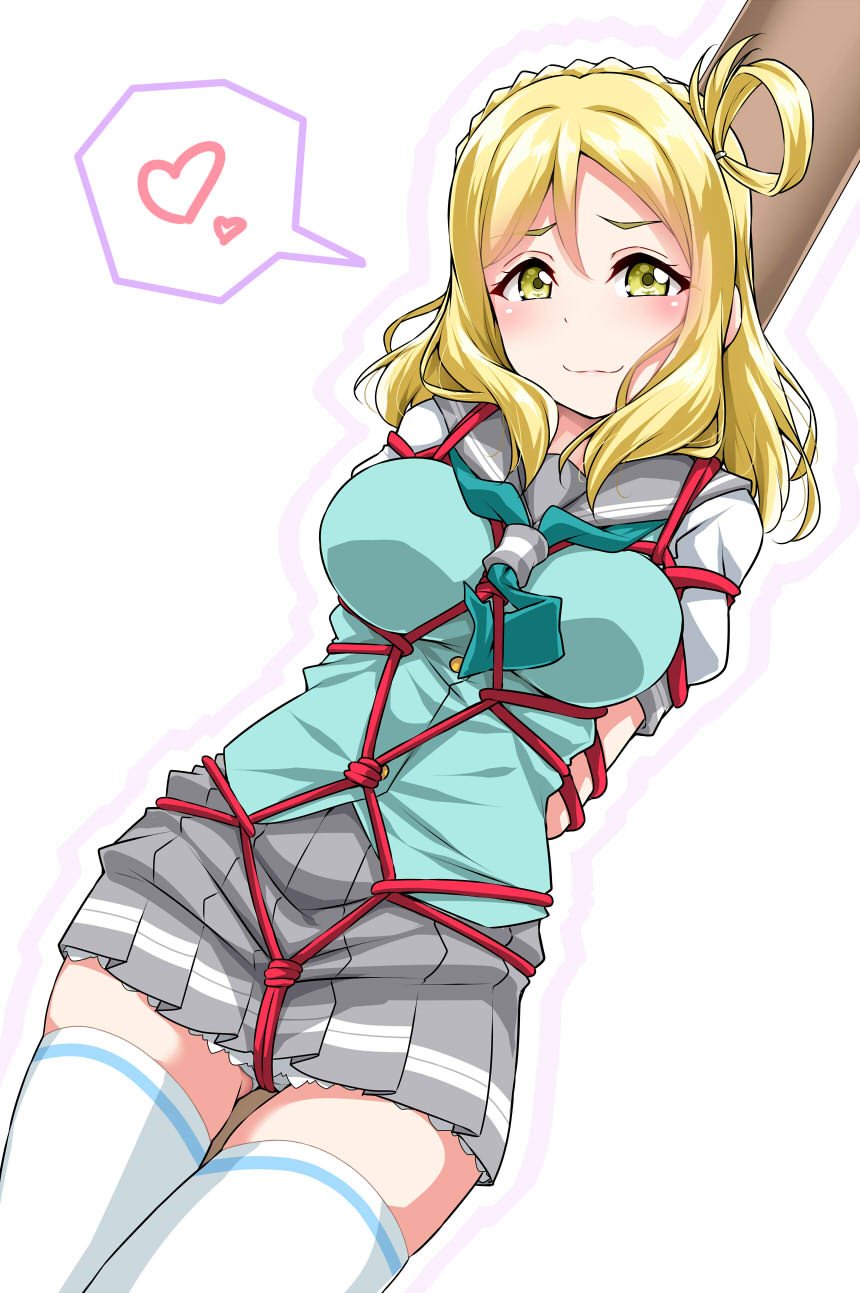 :3 aqua_neckwear aqua_vest arms_behind_back bdsm blonde_hair blush bondage bound braid commentary_request crotch_rope crown_braid green_eyes grey_skirt hair_rings heart highres karada looking_at_viewer love_live! love_live!_sunshine!! medium_hair miniskirt neckerchief ohara_mari panties pantyshot pantyshot_(standing) pleated_skirt pole red_rope rope school_uniform shibari shibari_over_clothes short_sleeves skirt solo spoken_heart standing thighhighs thighs tied_to_stake underwear uranohoshi_school_uniform vest white_background white_legwear yellow_eyes yopparai_oni