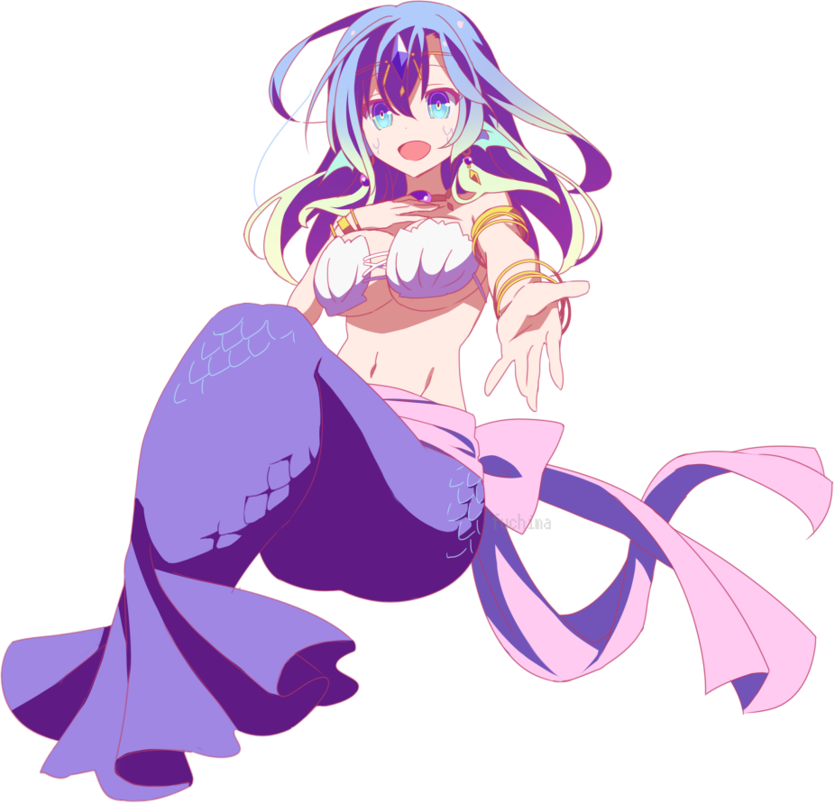 :d bikini_top blue_eyes blue_hair breasts fuchima full_body hair_ornament hand_on_own_chest head_fins hip_bones laira_(no_game_no_life) large_breasts mermaid monster_girl multicolored_hair no_game_no_life open_mouth pink_ribbon ribbon shell shell_bikini smile transparent_background
