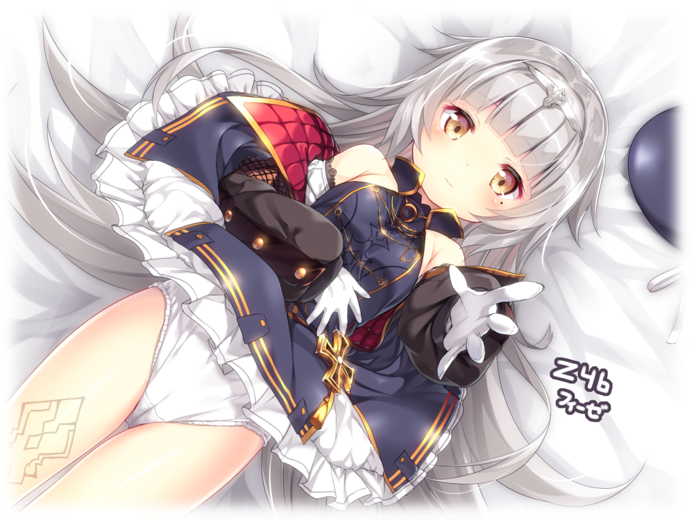 1girl anthropomorphism azur_lane bangs bare_shoulders bed_sheet beret blue_dress blue_hat blush brown_eyes brown_jacket cameltoe character_name closed_mouth commentary_request dress dress_lift dutch_angle eyebrows_visible_through_hair gloves gray_hair hat hat_removed headpiece headwear_removed iron_cross jacket light_smile long_hair long_sleeves lying mole off_shoulder on_back outstretched_arm panties puffy_long_sleeves puffy_sleeves silver_hair skirt_lift sleeveless sleeveless_dress sleeves_past_wrists solo underwear usume_shirou very_long_hair white_gloves white_panties yellow_eyes z46_(azur_lane)