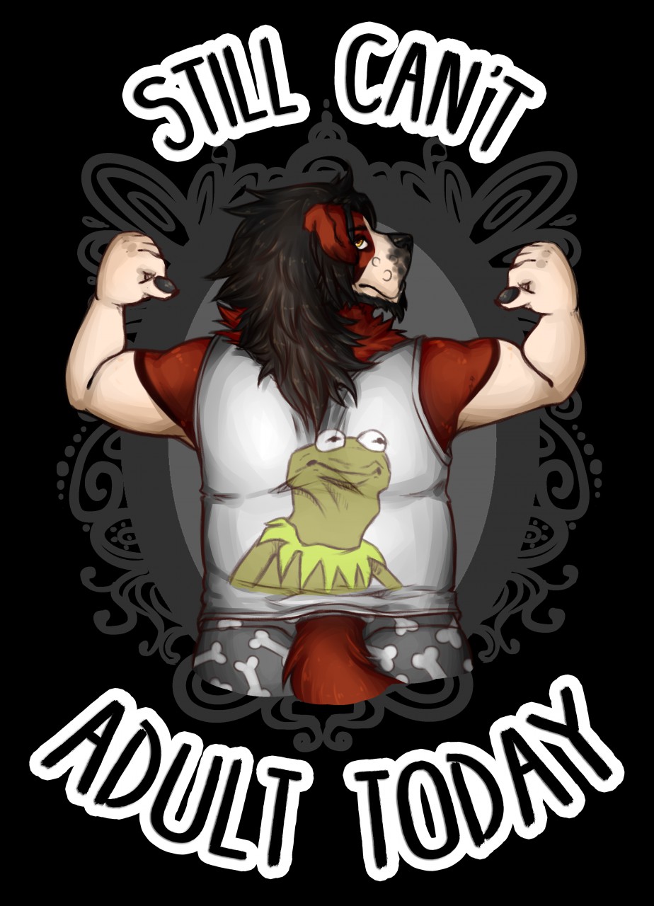 anthro barazoku canine clothing dog fujiokaaika furgonomics half-length kermit_the_frog looking_back male mammal muppets muscular pointing pointing_back portrait rear_view saint_bernard shorts simple_background slightly_chubby solo text