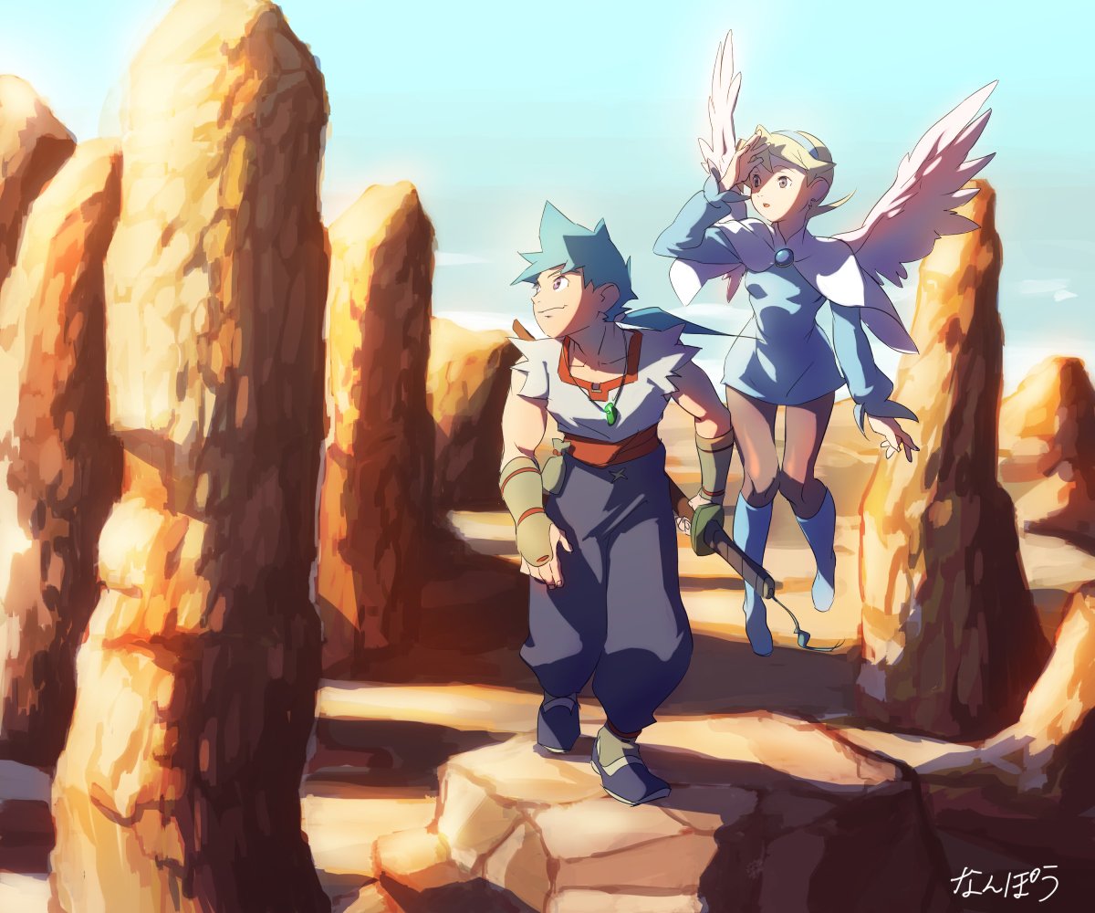 1boy 1girl angel_wings blonde_hair blue_footwear boots breasts breath_of_fire breath_of_fire_iv capcom commentary_request dress hairband jewelry knee_boots long_hair nanpou_(nanpou0021) necklace nina_(breath_of_fire_iv) outdoors pantyhose ryuu_(breath_of_fire_iv) short_hair skirt smile sword weapon white_wings wings