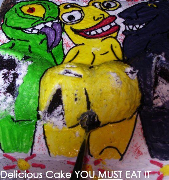 cake food inanimate jacemoore ojama_black ojama_green ojama_yellow yu-gi-oh! yu-gi-oh!_gx