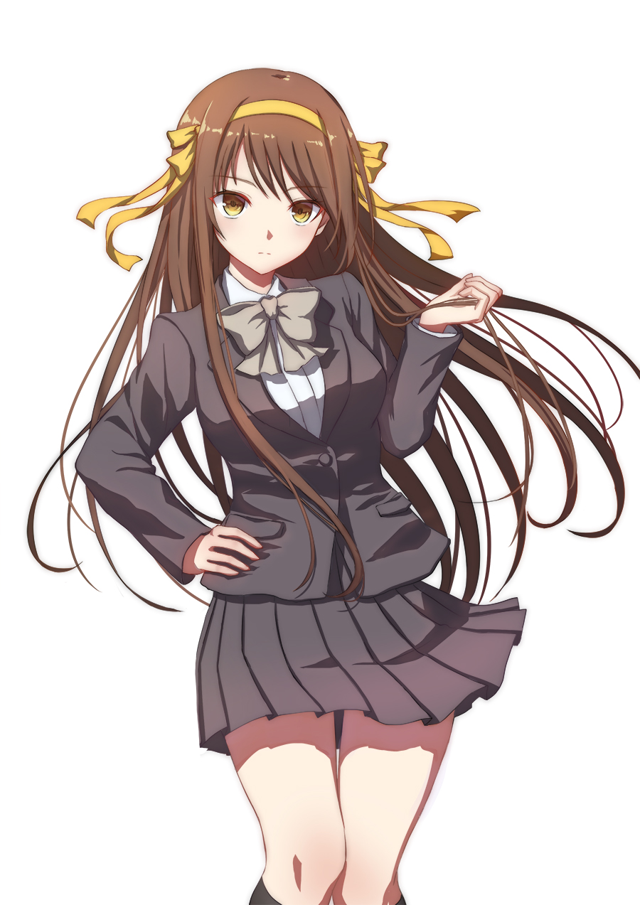 black_legwear blazer blush bow breasts brown_hair brown_skirt closed_mouth eyebrows_visible_through_hair hair_bow hairband hand_on_hip highres jacket kneehighs kouyouen_academy_uniform long_hair long_sleeves looking_at_viewer medium_breasts school_uniform seungju_lee skirt solo suzumiya_haruhi suzumiya_haruhi_no_shoushitsu suzumiya_haruhi_no_yuuutsu uniform yellow_bow yellow_eyes