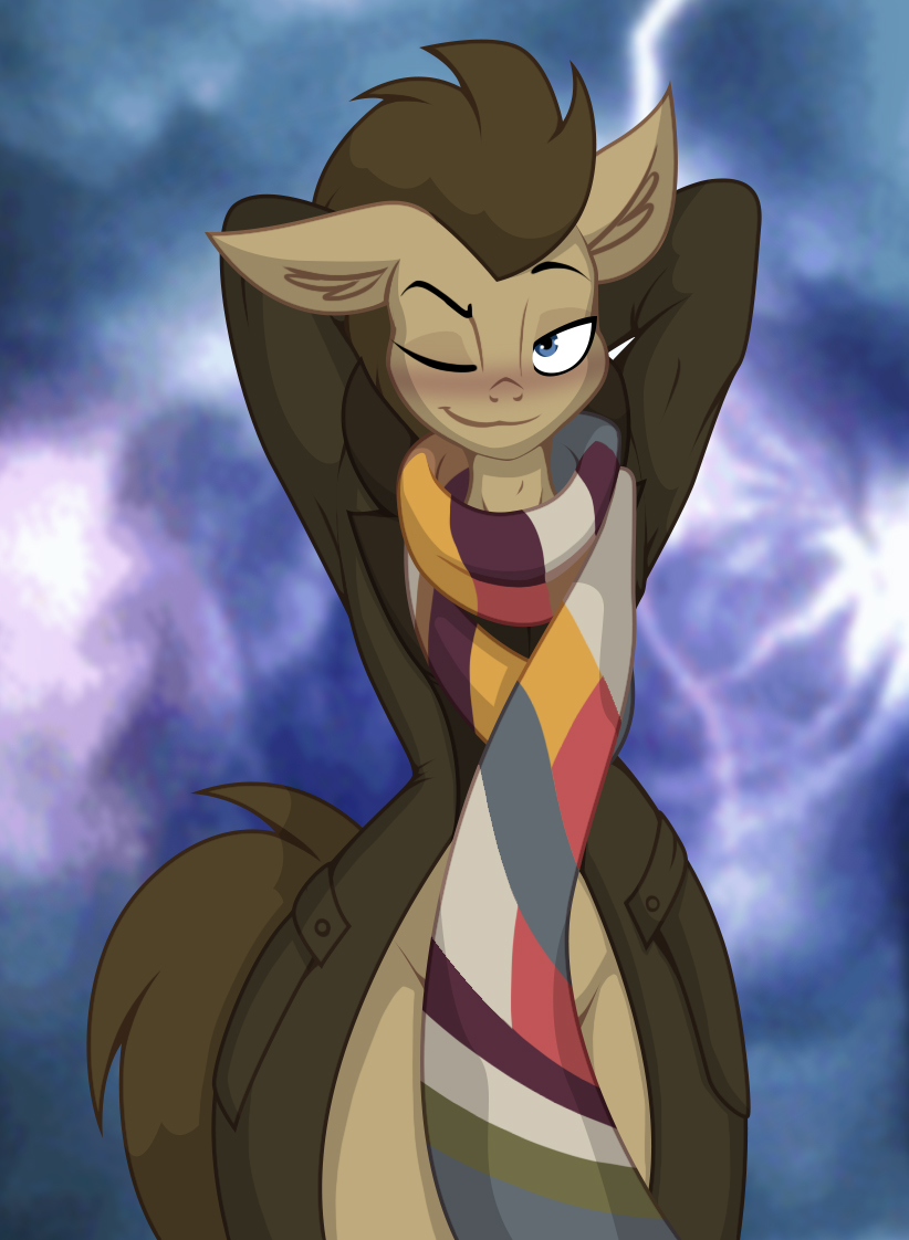 2018 anthro anthrofied blue_eyes blush brown_fur brown_hair clothing doctor_whooves_(mlp) equine friendship_is_magic fur hair horse jacket jrvanesbroek male mammal my_little_pony one_eye_closed pockets pony pose scarf solo trenchcoat wide_hips wink