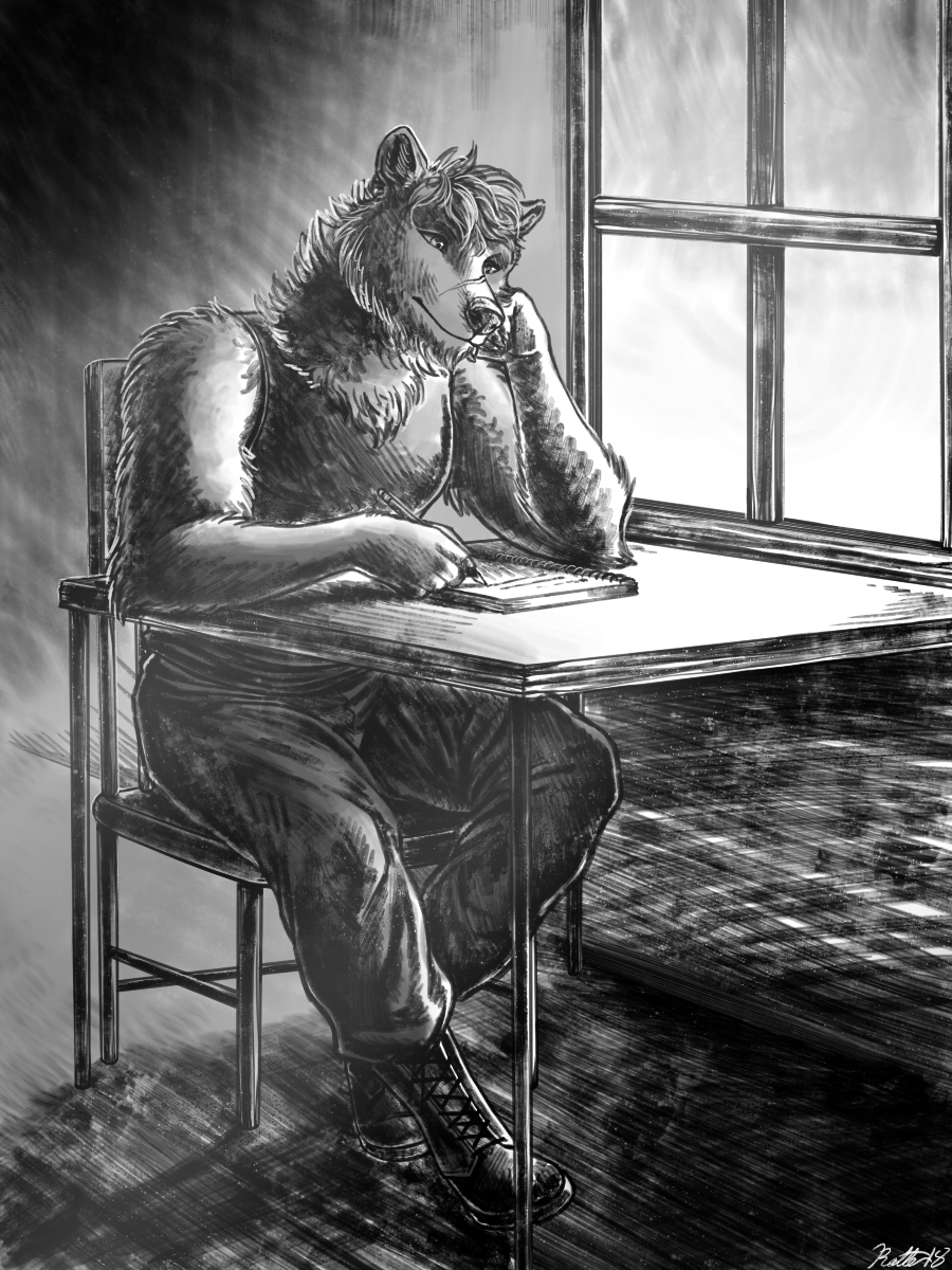 anthro bear beard clothed clothing conditional_dnp earth_realm_protection_unit facial_hair hair ignatiy_aleksandrovich_kondratiev male mammal monochrome muscular muscular_male ratte scar solo table tank_top_shirt white_oyster window