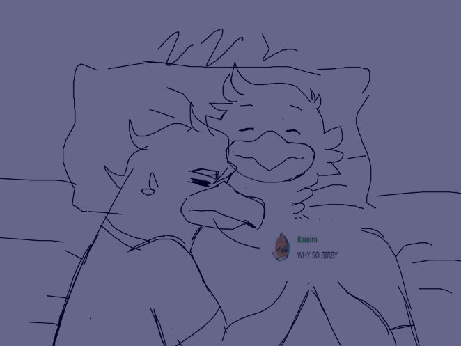 2018 alex_falcon_(character) anthro avian beak bed bird clothed clothing cuddling digital_media_(artwork) duo eyes_closed falcon feathers hug lying male male/male osprey sebirb_(artist) sketch sleeping smile text theodore_(character)
