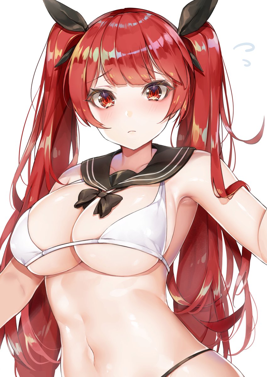 alternate_costume arm_up armpits azur_lane bangs bikini black_bikini_bottom black_ribbon blush breasts cleavage collarbone commentary_request downscaled_revision eyebrows_visible_through_hair flying_sweatdrops frown hair_between_eyes hair_ribbon highleg highleg_bikini highres honolulu_(azur_lane) large_breasts long_hair looking_at_viewer navel red_eyes red_hair ribbon sailor_collar sidelocks simple_background skindentation solo stomach swimsuit twintails upper_body white_background white_bikini white_bikini_top yayoichi_(yoruyoru108)